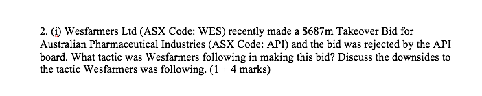 2. (1) Wesfarmers Ltd (ASX Code: WES) recently
