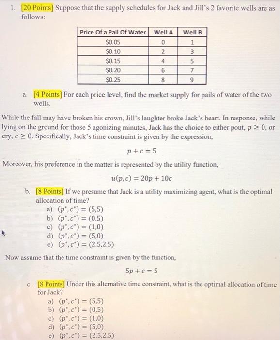 1. [20 Points] Suppose that the supply schedules