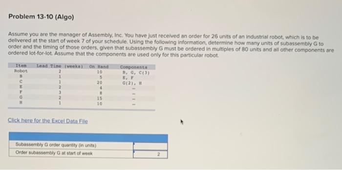 Problem 13-10 (Algo) Assume you are the manager