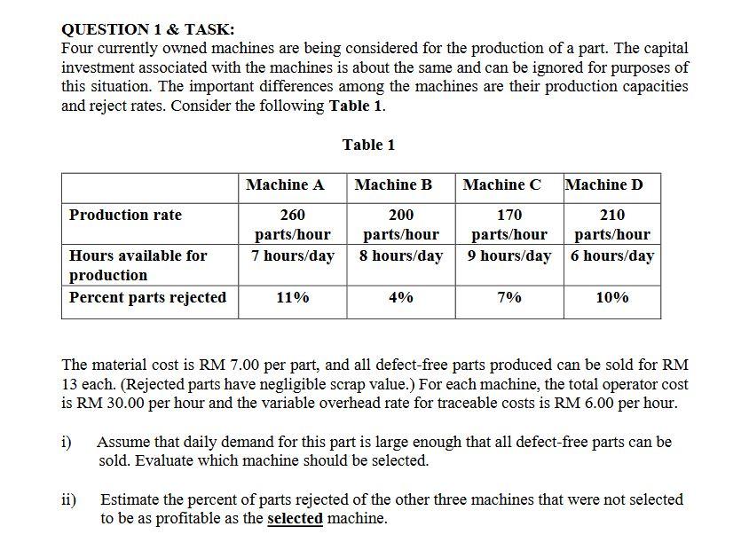 QUESTION 1 & TASK: Four currently owned machines
