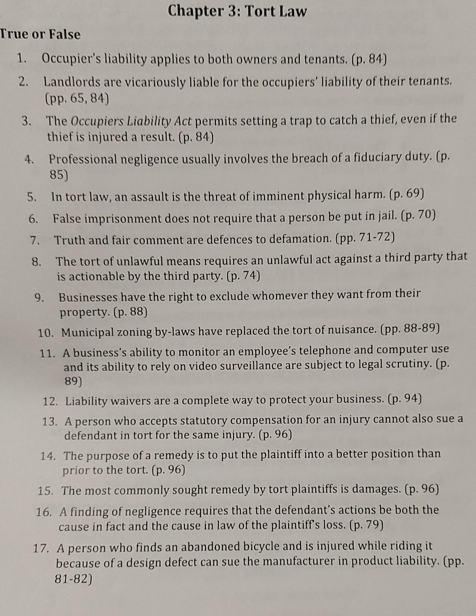 Chapter 3: Tort Law True or False 1. Occupier's