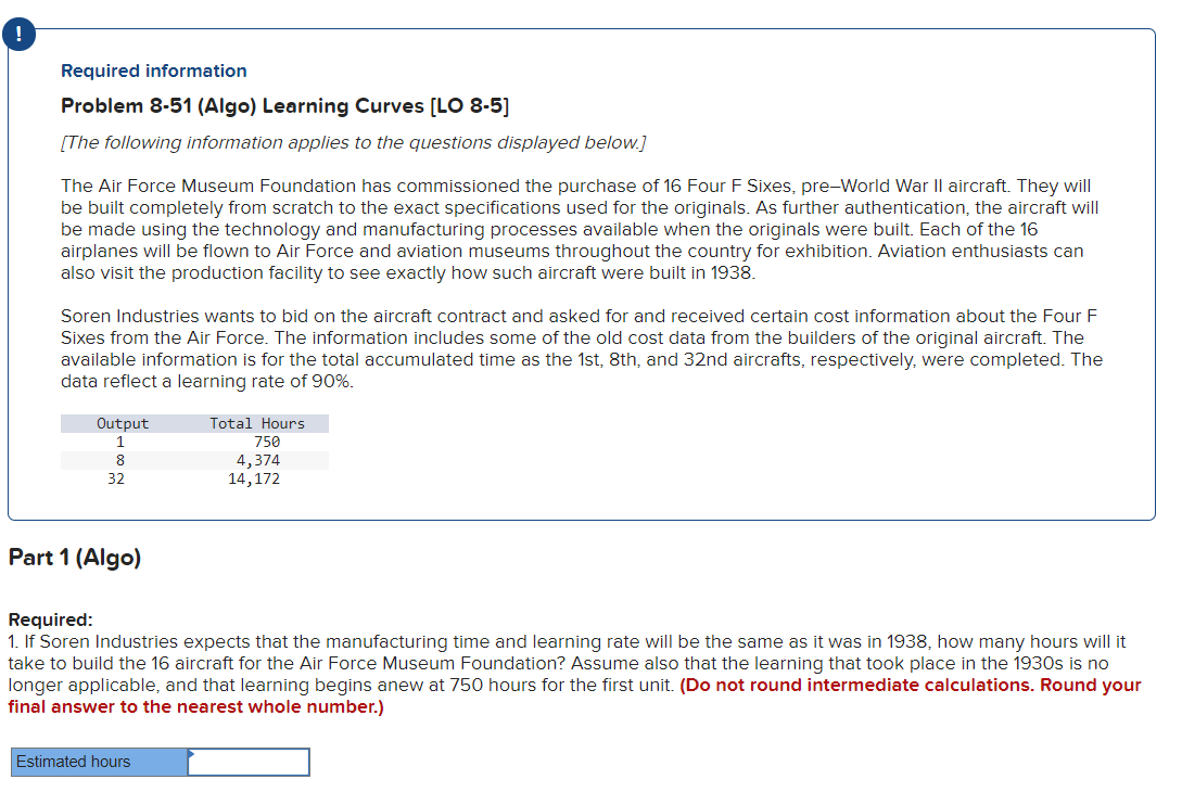Required information Problem 8-51 (Algo) Learning
