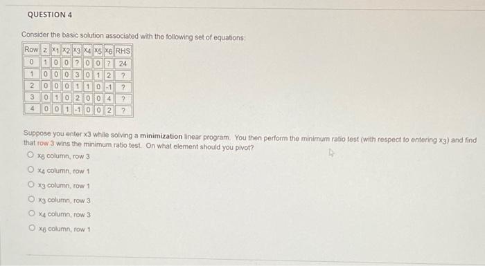 QUESTION 3 Consider the basic solution associated