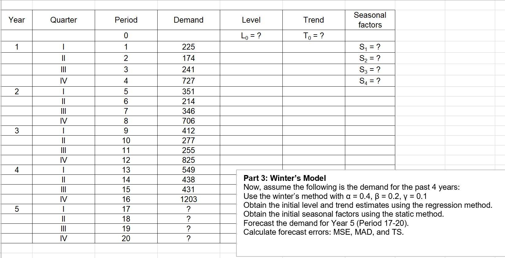 Please show using Excel Year Quarter Period