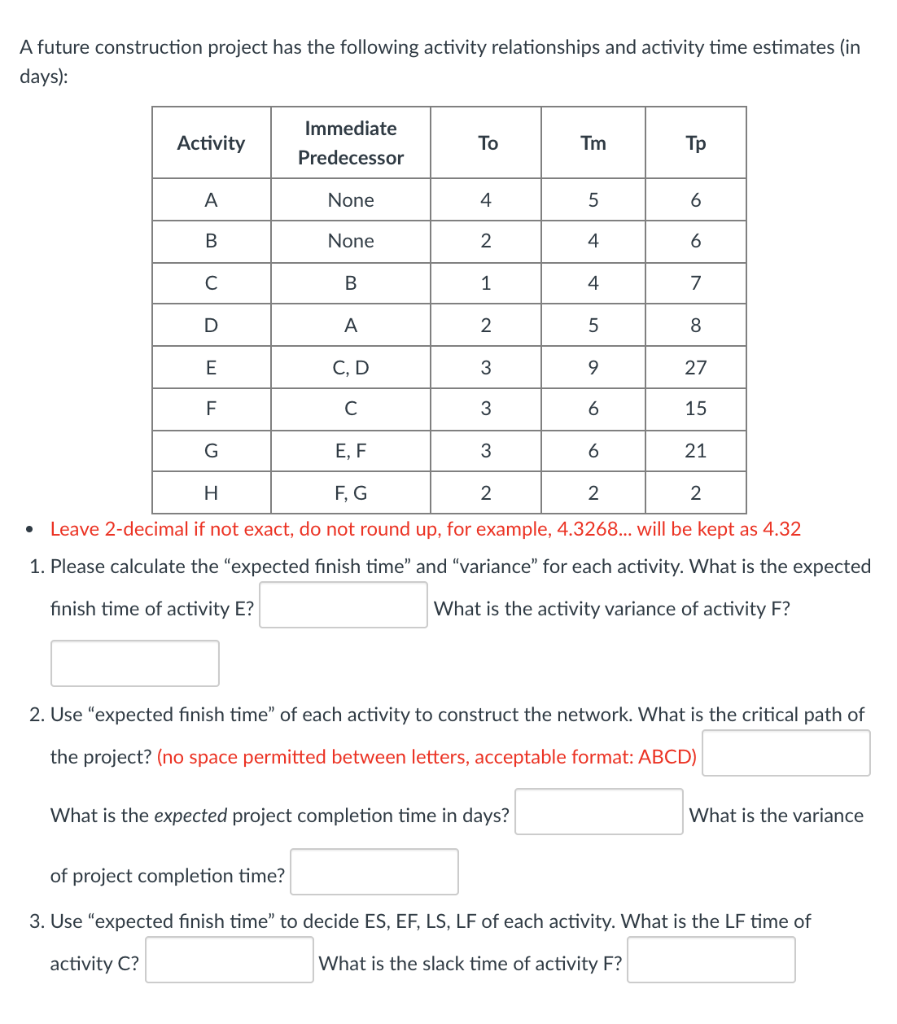 A future construction project has the following