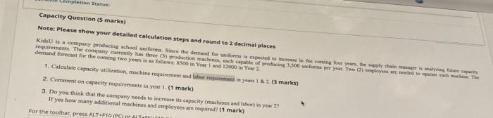 Completion Status Capacity Question (S marks)