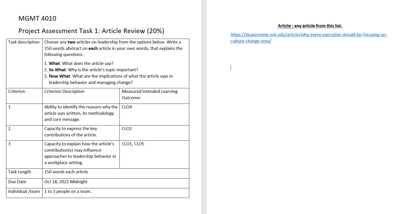 MGMT 4010 Article : any article from this list.
