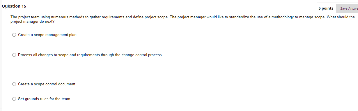 Question 15 5 points Save Answe The project team