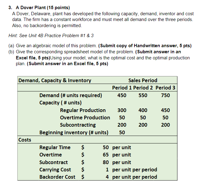 3. A Dover Plant (15 points) A Dover, Delaware,