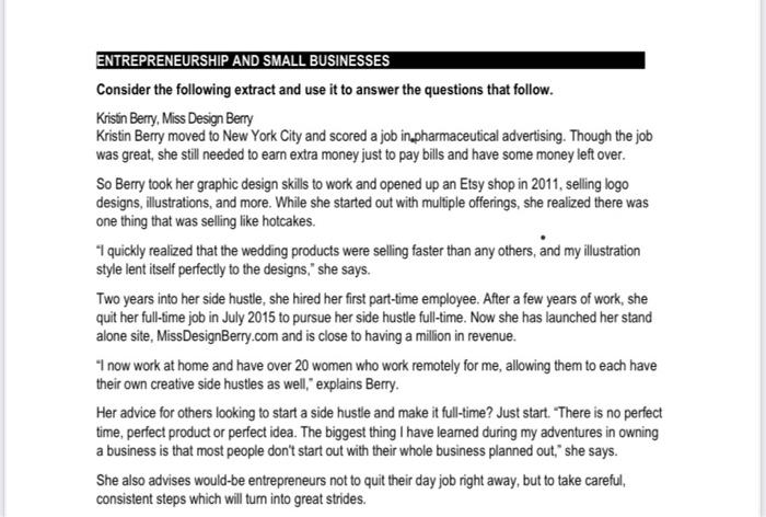 ENTREPRENEURSHIP AND SMALL BUSINESSES Consider