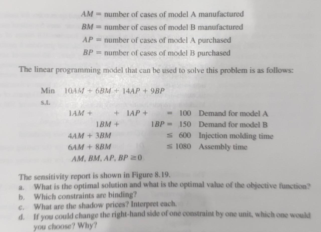 AM = number of cases of model A manufactured BM =