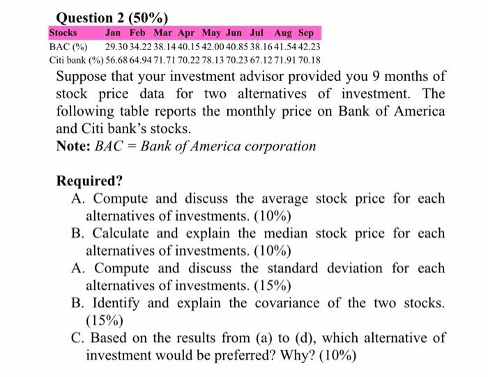 Question 2 (50%) Stocks Jan Feb Mar Apr May Jun