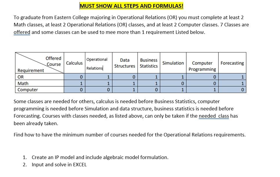 PLEASE SHOW ALL FORMULAS AND STEPS WITHIN EXCEL