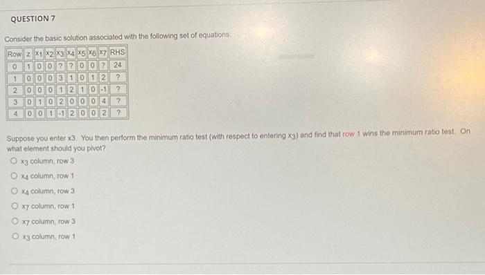 QUESTION 6 Consider the basic solution associated