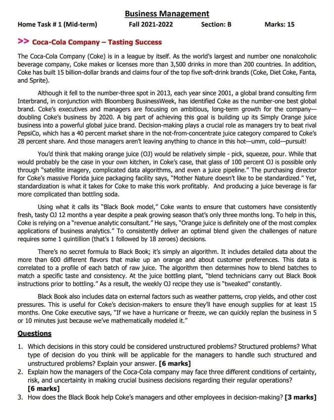 Business Management Home Task #1 (Mid-term) Fall