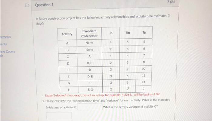 7 pts D Question 1 A future construction project
