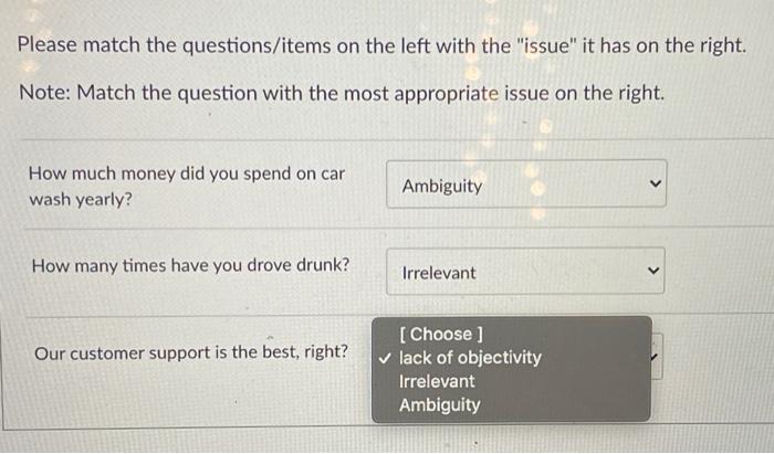 Please match the questions/items on the left with