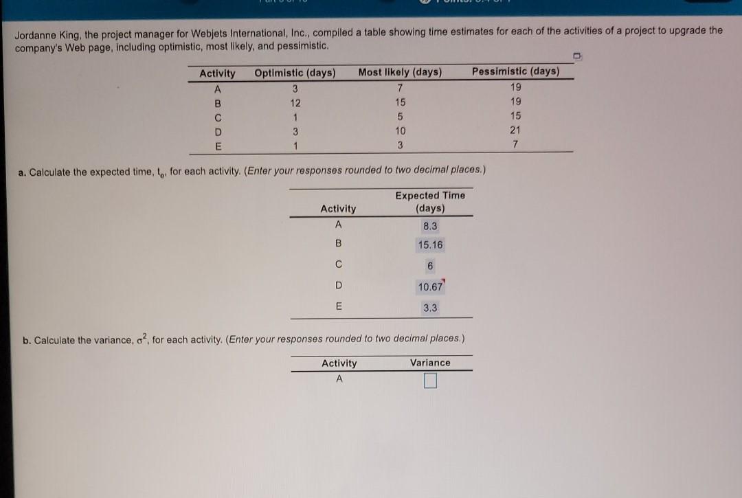 calculate A-E please Jordanne King, the project