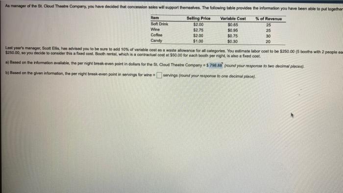 Variable Cost $0.65 Soft Drink $0.75 As manager