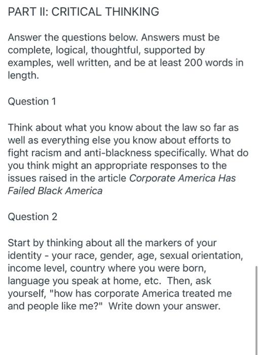 PART II: CRITICAL THINKING Answer the questions