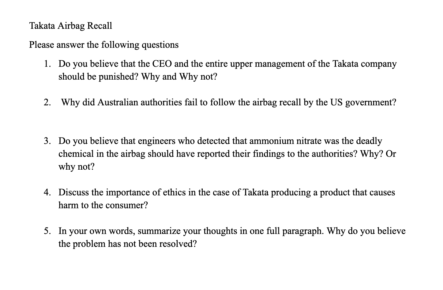 Takata Airbag Recall Please answer the following