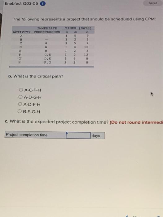 Enabled: Q03-05 Saved The following represents a