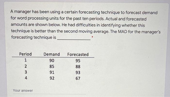 A manager has been using a certain forecasting