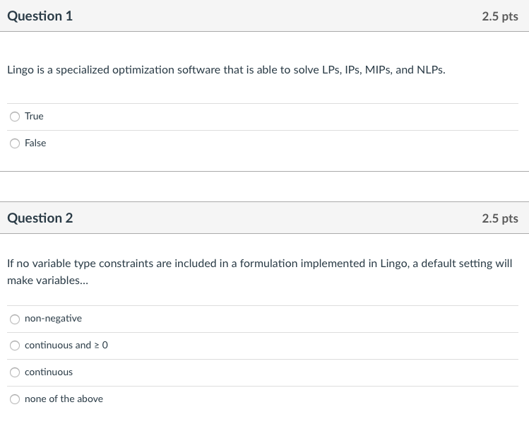 Question 1 2.5 pts Lingo is a specialized