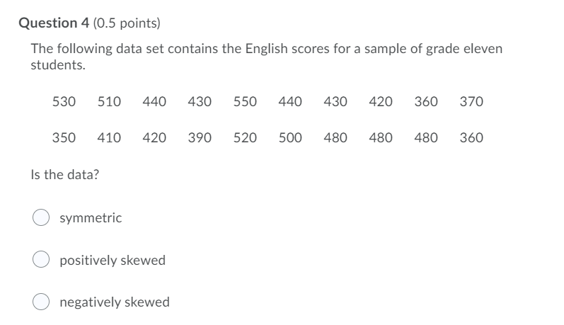 Question 4 (0.5 points) The following data set