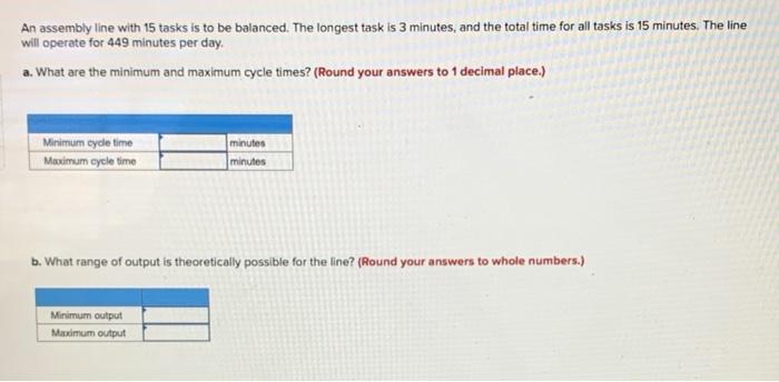 An assembly line with 15 tasks is to be balanced.