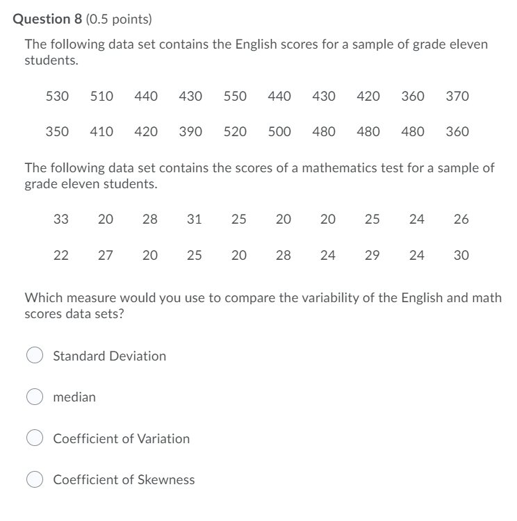 Question 8 (0.5 points) The following data set