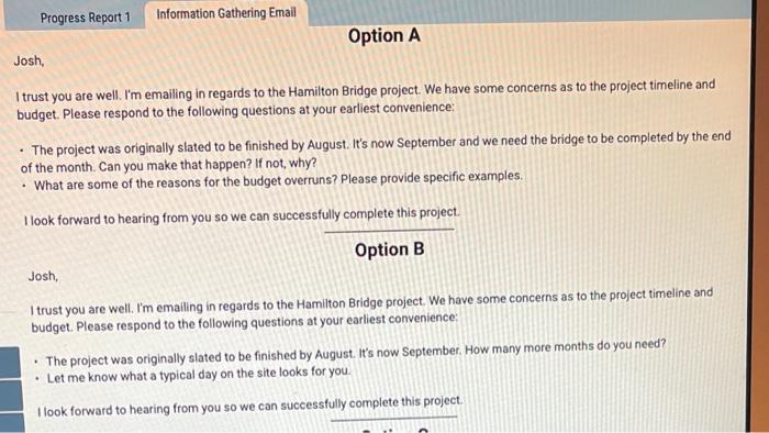Progress Report 1 Information Gathering Email