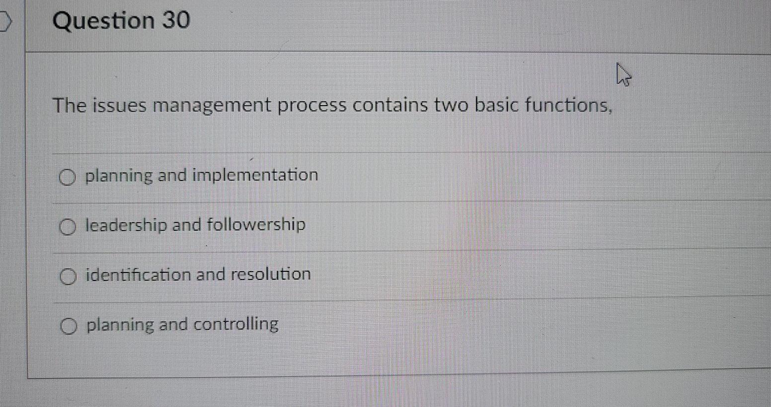 Question 30 A The issues management process
