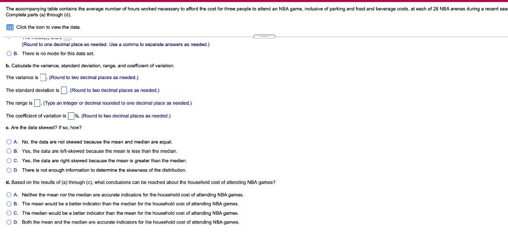 The accompanying table contains the average