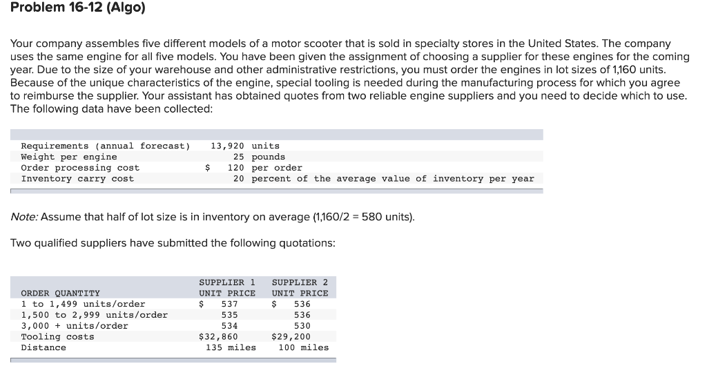 Problem 16-12 (Algo) Your company assembles five