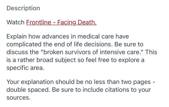 Description Watch Frontline - Facing Death.