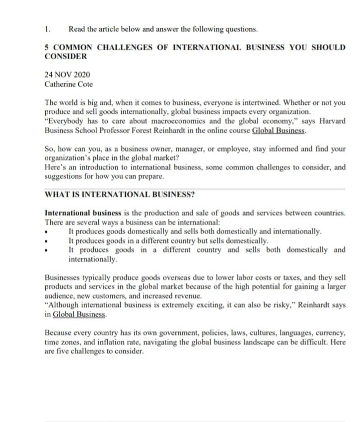 1. Read the article below and answer the