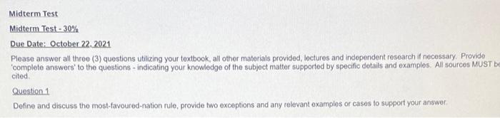 Midterm Test Midterm Test - 30% Due Date: October