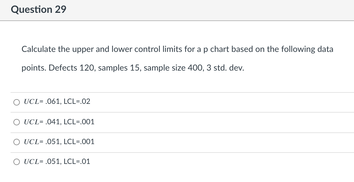 Question 29 Calculate the upper and lower control