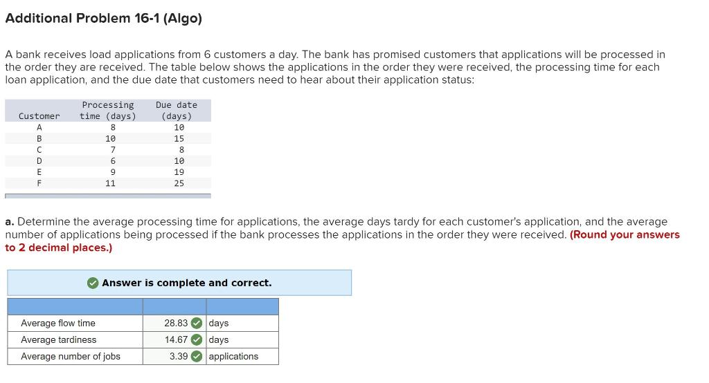 Additional Problem 16-1 (Algo) A bank receives