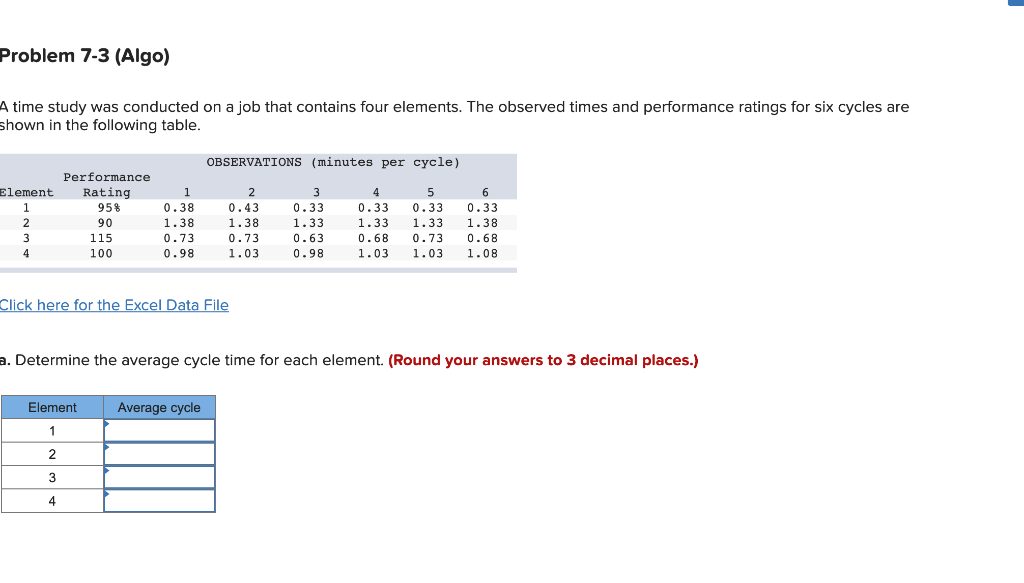Problem 7-3 (Algo) A time study was conducted on