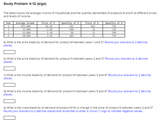 Study Problem 4-12 (algo) The table shows the