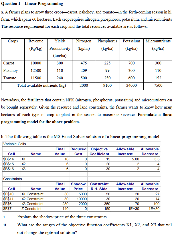 Question 1 - Linear Programming a. A farmer plans