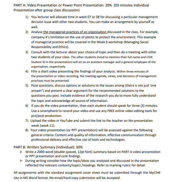PART A: Video Presentation or Power Point