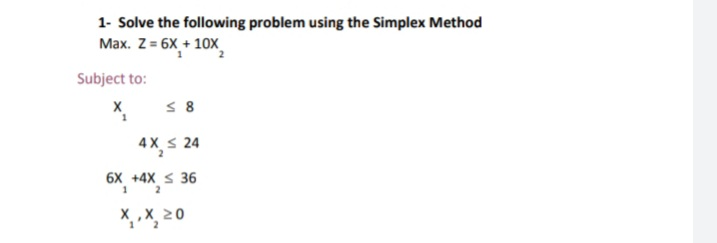 1- Solve the following problem using the Simplex