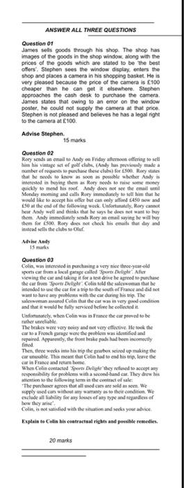 ANSWER ALL THREE QUESTIONS Question 01 James