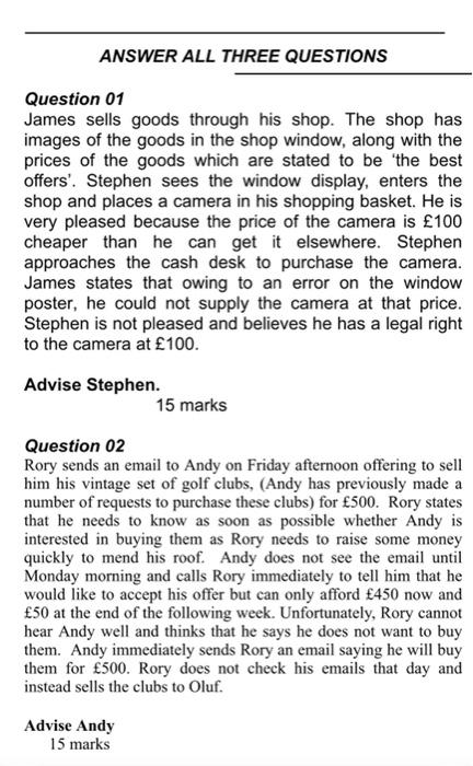 ANSWER ALL THREE QUESTIONS Question 01 James