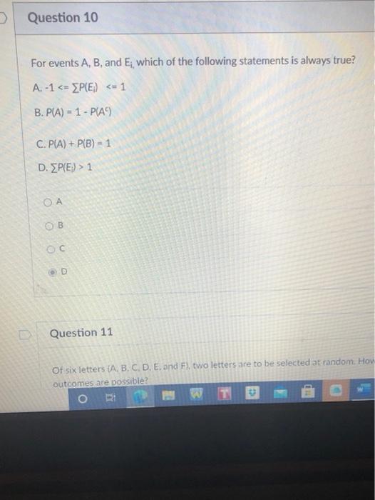 > Question 10 For events A, B, and E which of the