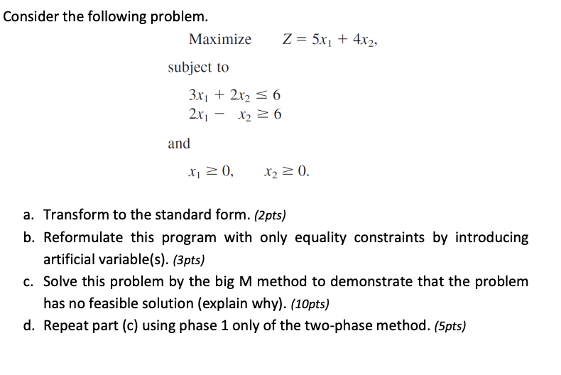 Consider the following problem. Maximize Z = 5x1