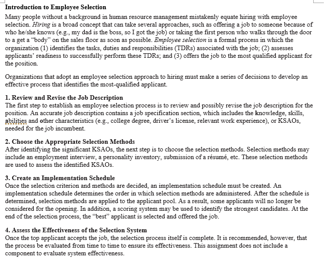 Introduction to Employee Selection Many people